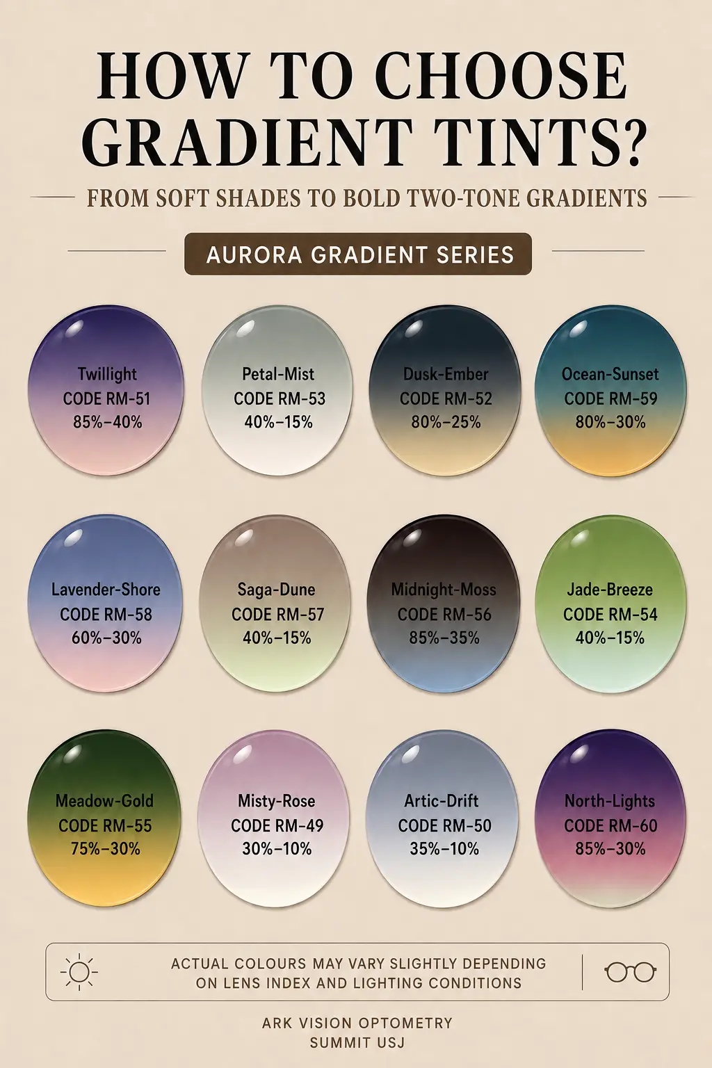 Twelve special gradient tint examples with colour codes and tint percentages