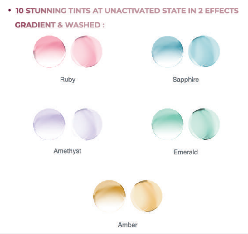 Color Touch unactivated indoor tints: Ruby, Sapphire, Amethyst, Emerald and Amber, each in gradient and washed effects