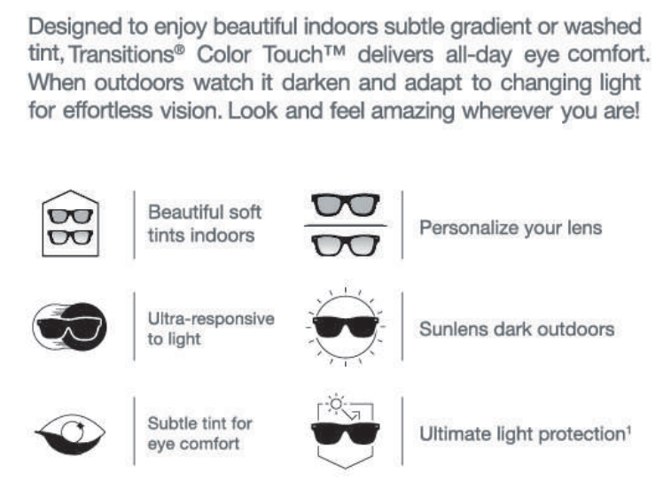 Color Touch product information: soft indoor tints, personalised tint effects and outdoor darkening